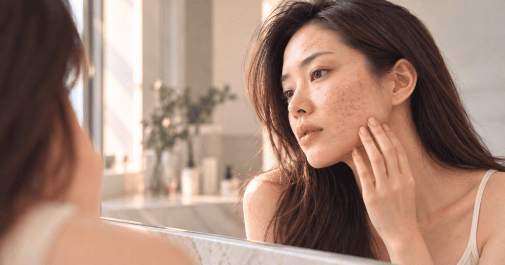 Woman examining acne scars on her cheek in soft side lighting