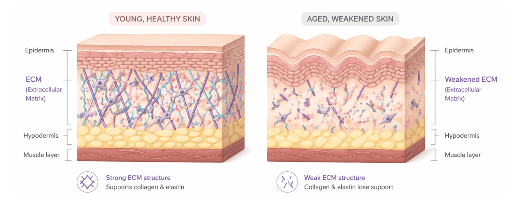 Diagram showing extracellular matrix in young vs aged skin, including collagen, elastin and fibroblast structure