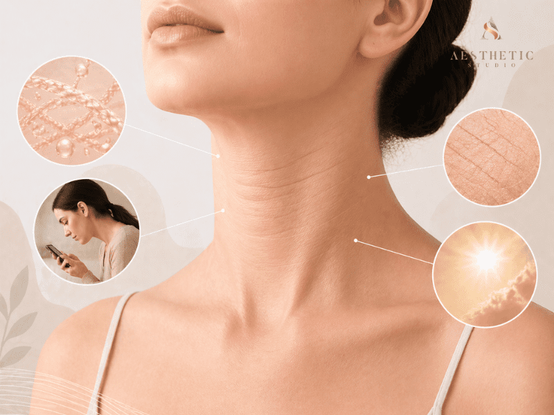Illustration showing causes of neck lines including collagen loss, tech neck from phone use, skin dehydration, and sun exposure