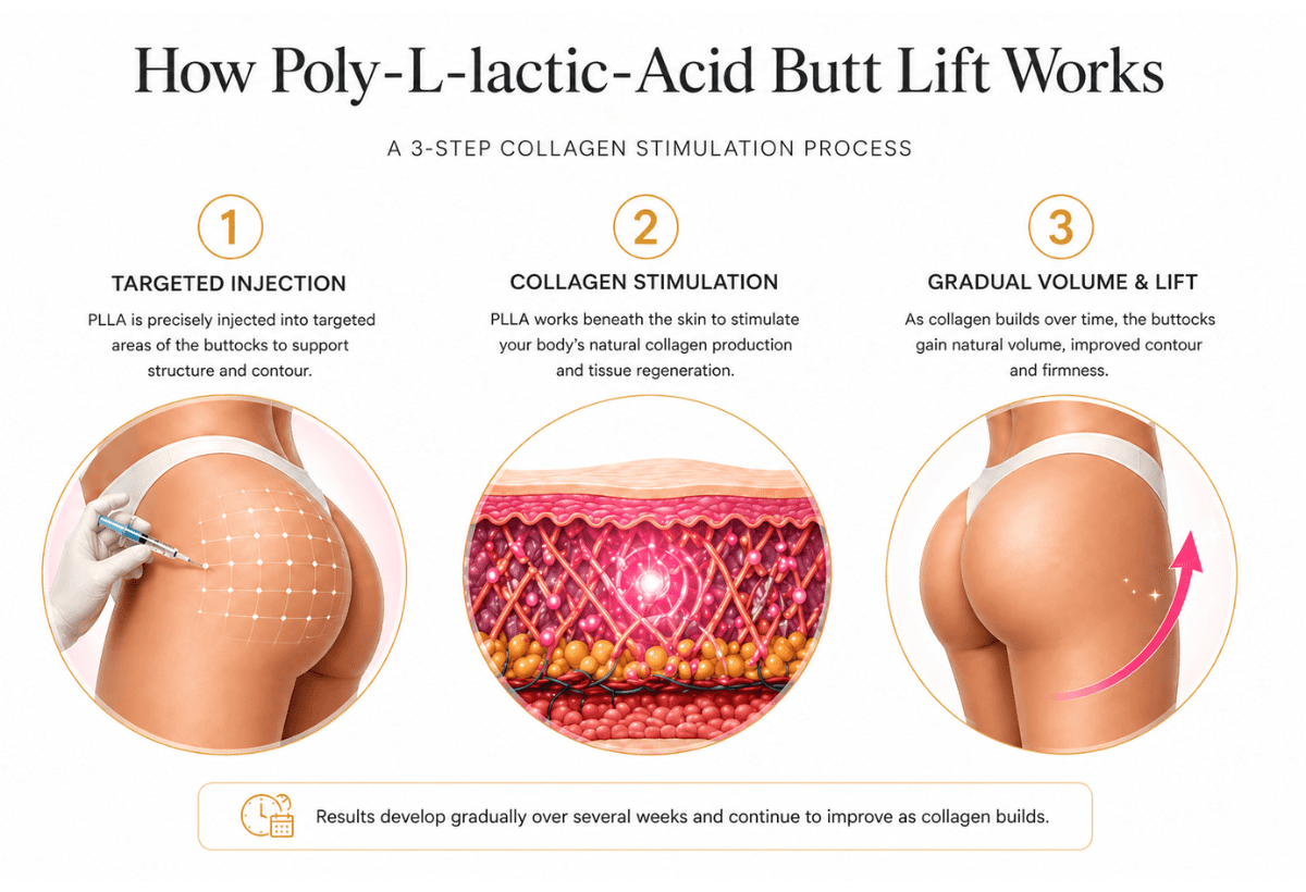 Sculptra butt lift process showing targeted injection, collagen stimulation and gradual volume and lift