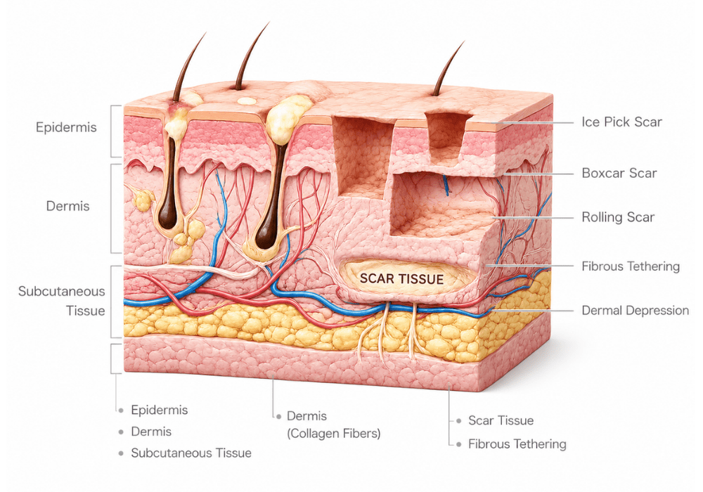 Illustration showing the structural formation of different acne scar types within the skin