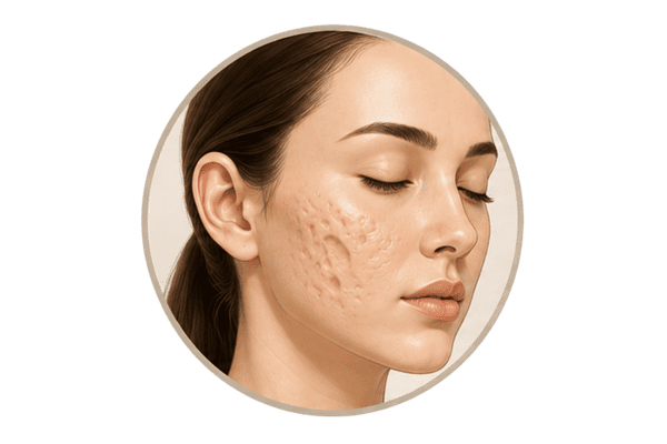 Facial illustration showing broad boxcar acne scars with defined edges on the cheek