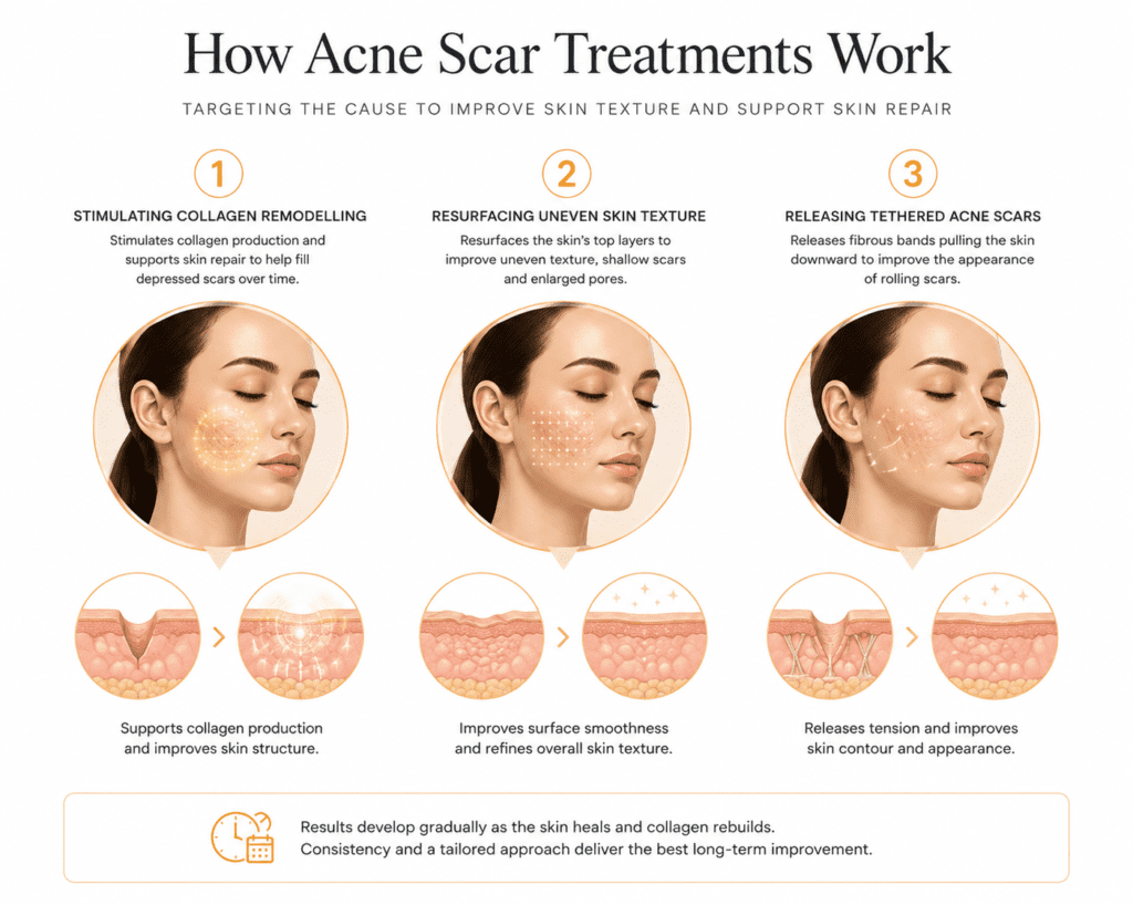 Infographic explaining how acne scar treatments work through collagen remodelling, skin resurfacing, and tethered scar release