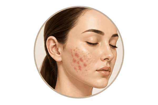 Facial illustration showing raised hypertrophic and keloid acne scars on the cheek