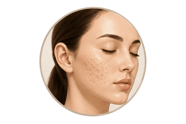 Facial illustration showing deep narrow ice pick acne scars on the cheek