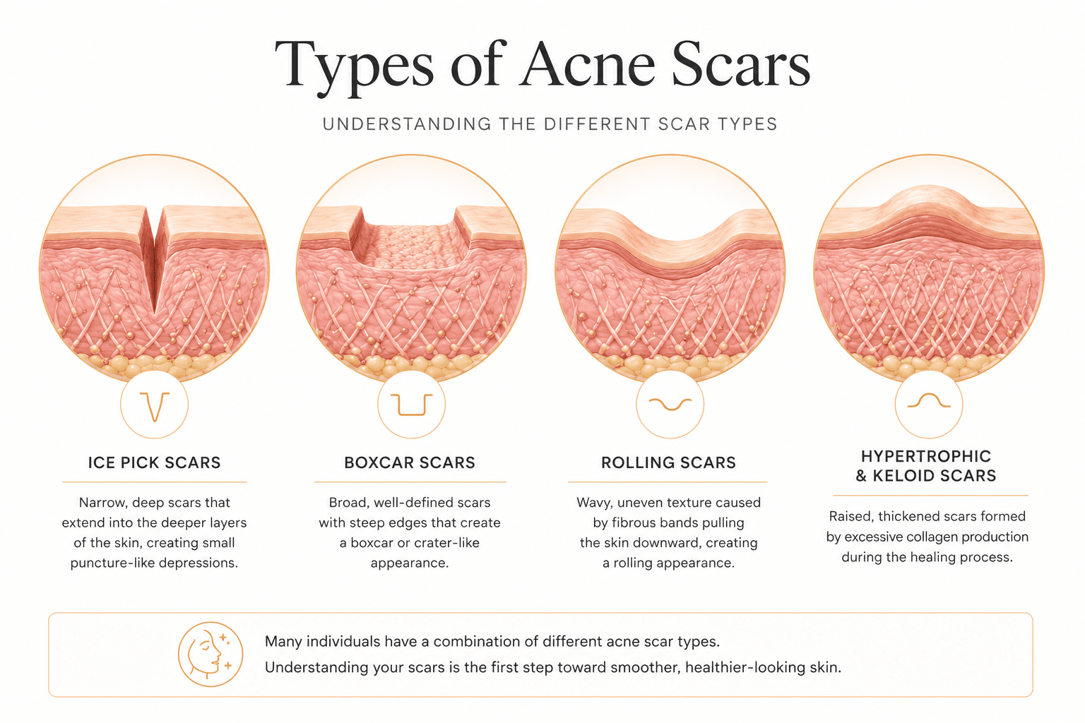 Illustration showing the different types of acne scars including ice pick scars, boxcar scars, rolling scars, and hypertrophic or keloid scars