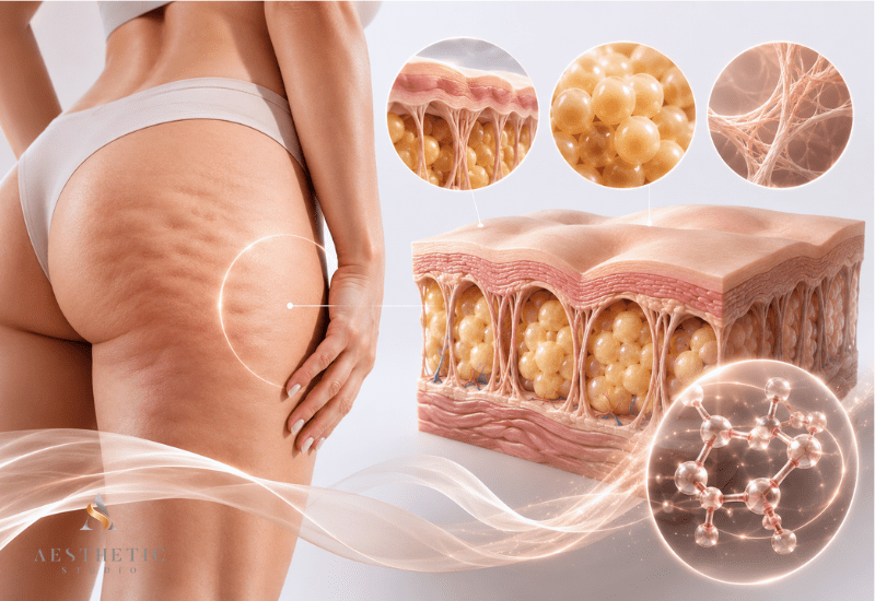 Medical illustration showing cellulite, skin structure, fat cells, connective tissue, and collagen changes beneath the skin