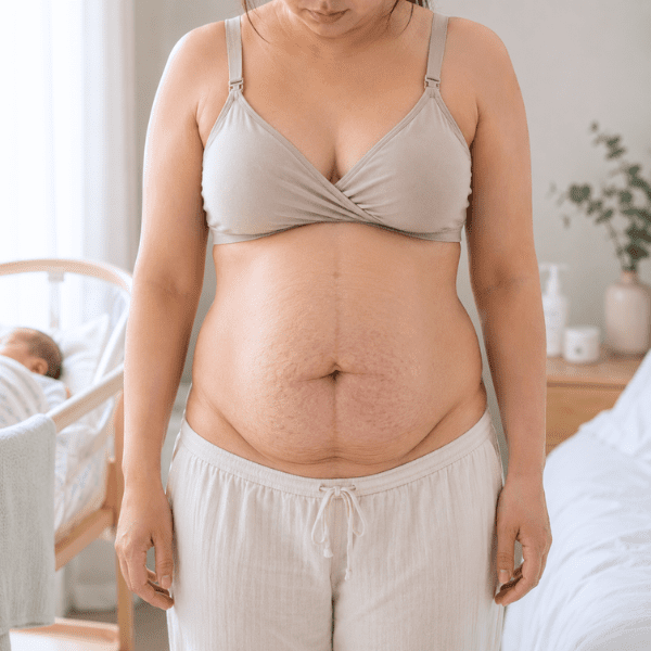 Front view of an Asian woman with natural postpartum abdominal changes.