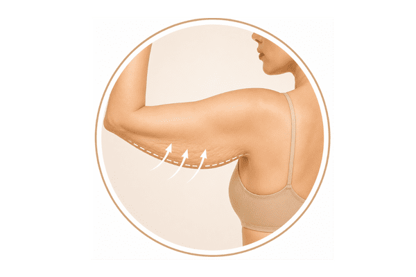 Illustration of upper arm skin laxity and arm rejuvenation treatment areas commonly addressed with Sculptra.
