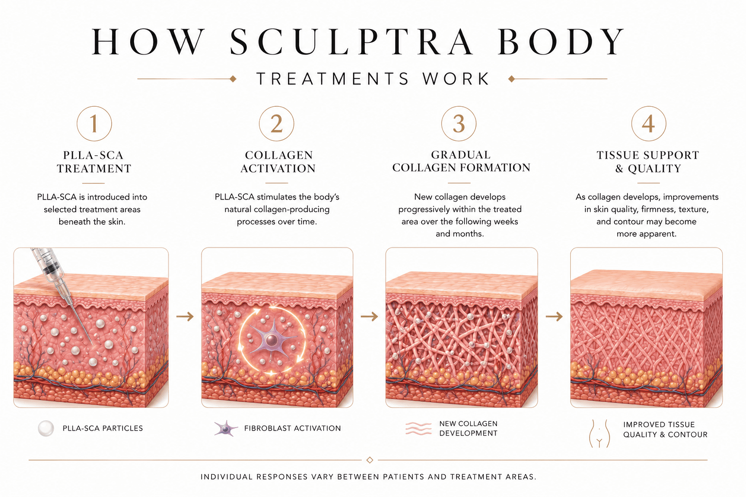 Infographic showing how Sculptra Body treatments work through PLLA-SCA collagen stimulation, gradual collagen formation, and improvements in tissue quality and body contours over time.