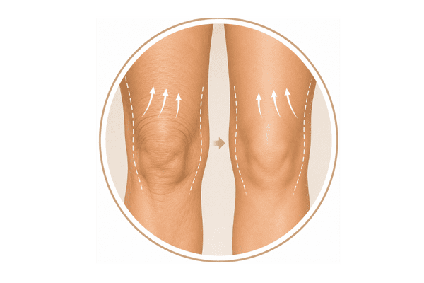 Illustration of sagging knee skin and knee rejuvenation treatment areas commonly addressed with Sculptra.