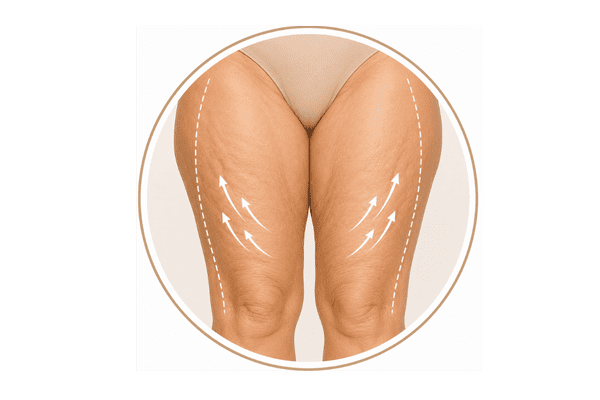Illustration of thigh skin laxity and cellulite concerns in a common Sculptra body treatment area