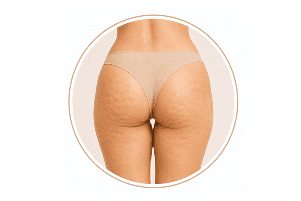 Illustration showing buttock cellulite, a common treatment area for Sculptra collagen stimulation.