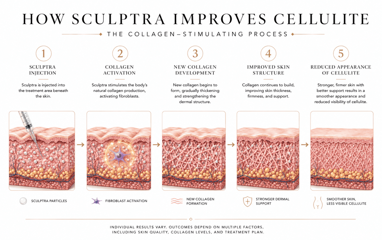 Infographic illustrating how Sculptra stimulates collagen production to improve skin quality, dermal support, and the appearance of cellulite over time.