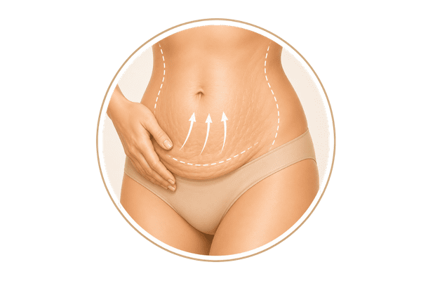 Illustration of post-pregnancy abdominal skin laxity and body contour changes commonly treated with Sculptra body treatments.