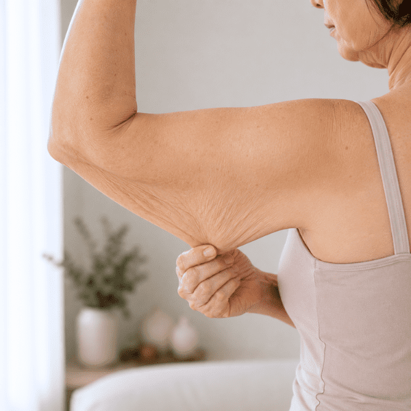 Older Asian woman showing loose skin on her upper arm.