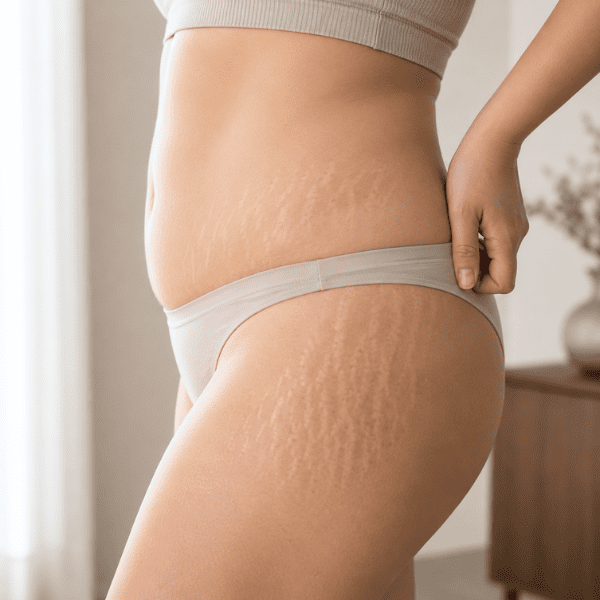 Close-up of natural stretch marks on an Asian woman's abdomen and thigh