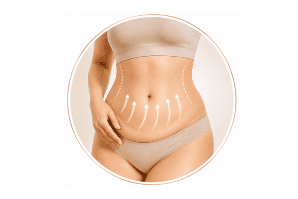 Medical illustration showing abdomen body contouring with refined waistline and sculpted abdominal contours.
