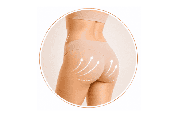Illustration showing body contouring treatment area for the buttocks to improve shape and contour.