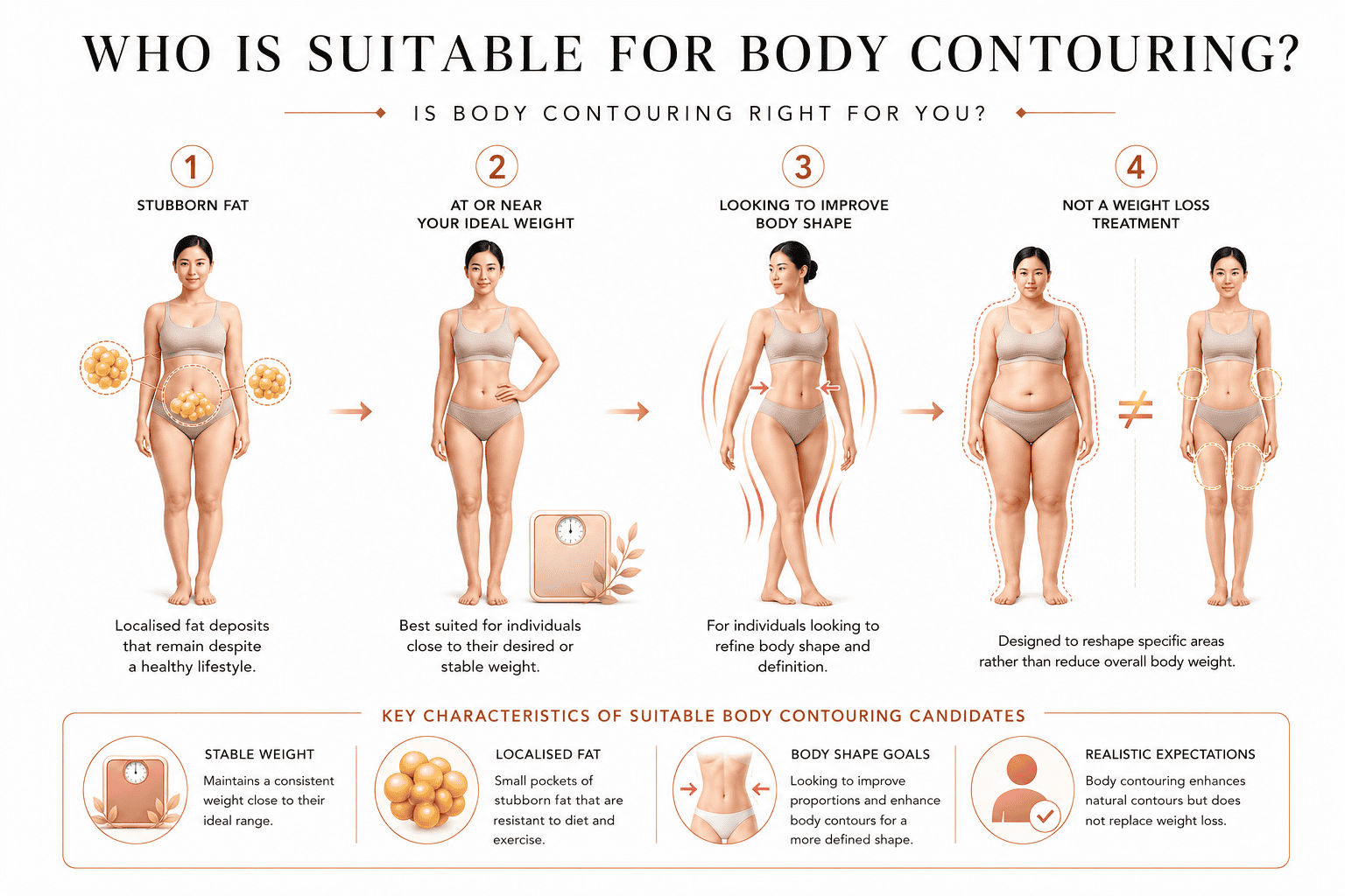 Medical infographic showing who is suitable for body contouring, including individuals with localised stubborn fat, those at or near their ideal weight, people seeking improved body shape, and why body contouring is not a weight loss treatment.