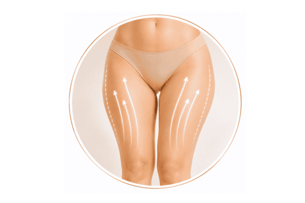Illustration showing body contouring treatment areas on the inner and outer thighs for body sculpting.