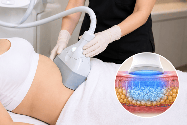 Patient receiving Clatuu Alpha fat freezing body contouring treatment to the abdomen with illustration showing selective cooling of fat cells.