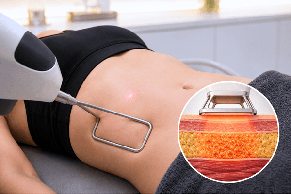 Patient receiving Fotona TightSculpting laser body contouring treatment with illustration showing deep laser heating of fat cells.