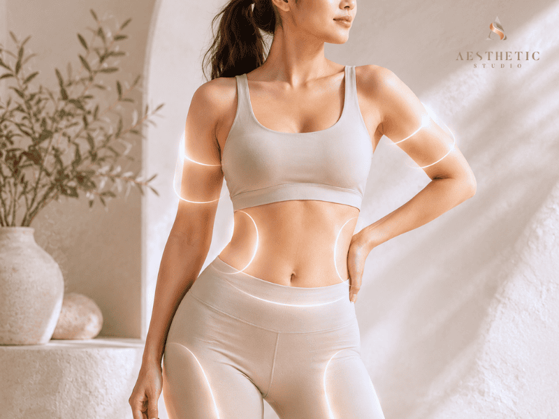Asian woman demonstrating common body contouring treatment areas including the abdomen, waist, arms and thighs with subtle contour highlights.