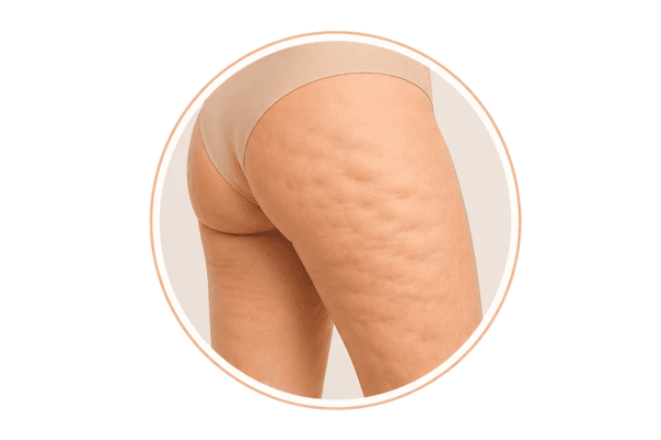 Illustration of Grade 2 moderate cellulite with visible skin dimpling while standing.
