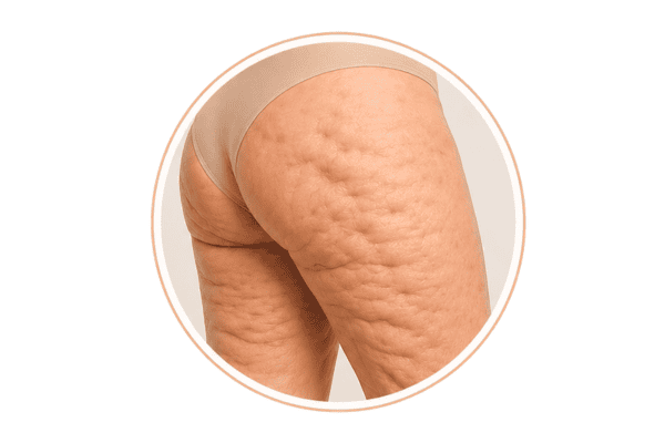 Illustration of Grade 3 severe cellulite showing pronounced dimpling and deep skin depressions while standing.