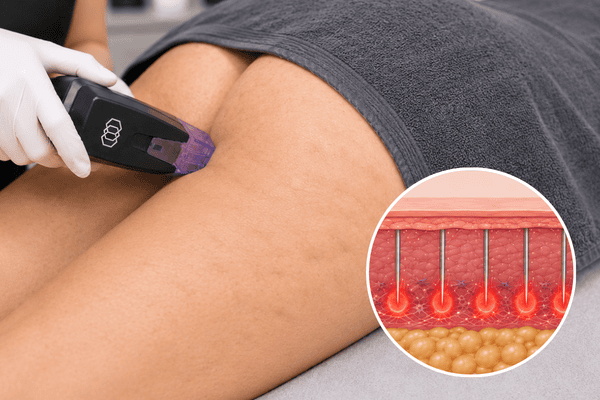 Morpheus8 radiofrequency microneedling treatment being performed on mild cellulite affecting the back of the thighs.
