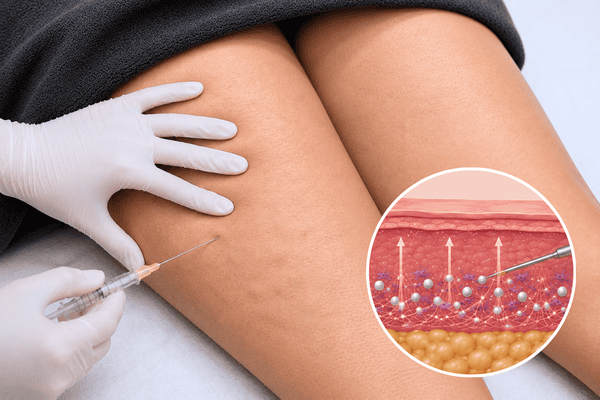 Doctor performing Sculptra collagen biostimulator injections on the back of the thighs for cellulite treatment.
