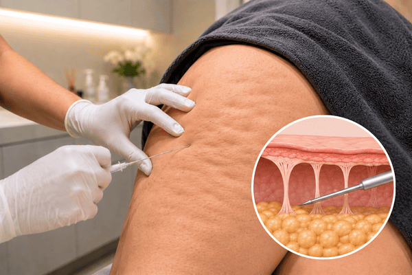 Doctor performing cellulite subcision treatment on the back of the thighs to improve cellulite