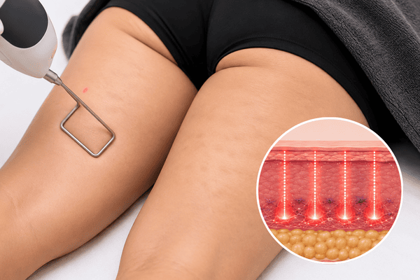 Fotona TightSculpting laser treatment being performed on the back of the thighs for mild cellulite and skin tightening.