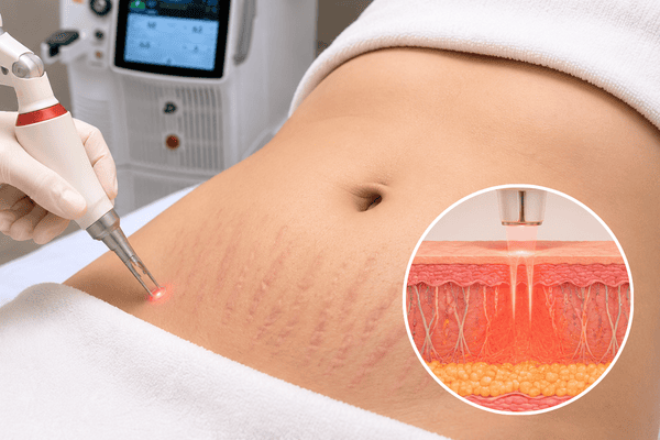 Fotona LineLase laser treatment for early red stretch marks on the abdomen with an inset illustration showing non-ablative laser energy stimulating collagen.