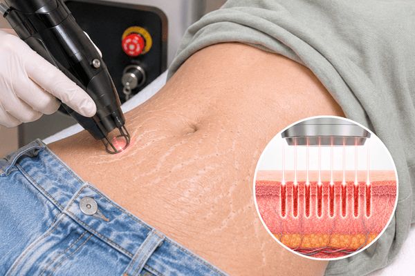 Fractional eCO₂ laser resurfacing treatment for stretch marks with an inset illustration showing ablative fractional laser resurfacing within the skin.