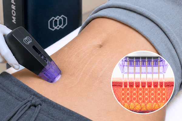 Morpheus8 RF microneedling treatment for stretch marks and mild skin laxity with an inset illustration showing radiofrequency energy delivered through microneedles.