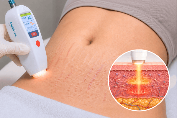Multifrax Digital Peel laser treatment for stretch marks with an inset illustration showing dual-wavelength laser reaching two skin depths simultaneously.