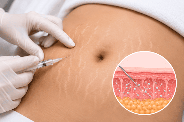 Doctor performing Sculptra collagen biostimulator treatment for abdominal stretch marks with an inset illustration showing collagen stimulation beneath the skin.