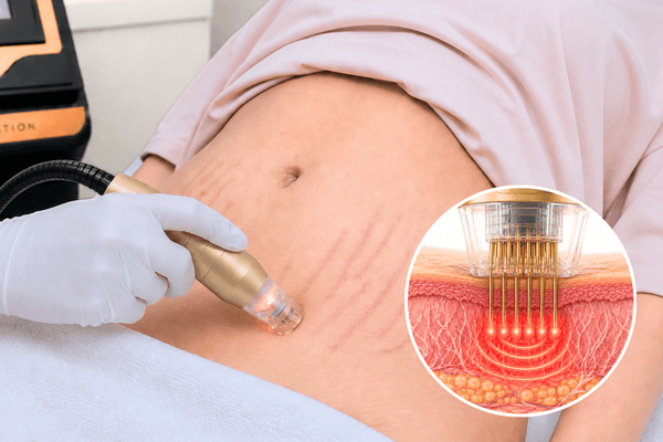 Sylfirm X RF microneedling treatment for early red stretch marks with an inset illustration showing radiofrequency energy delivered through microneedles.