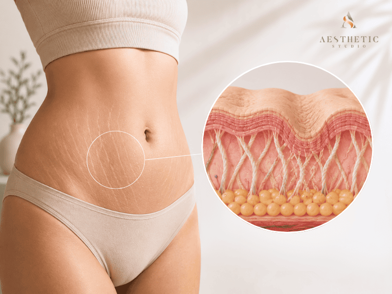 Close-up of abdominal stretch marks with a medical illustration showing changes within the skin that contribute to stretch mark formation.