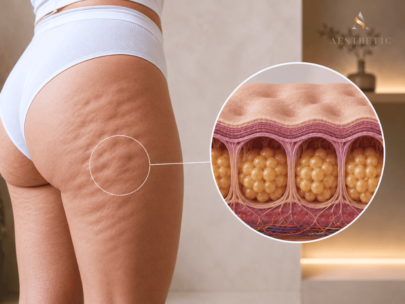 Illustration showing the appearance of cellulite on the thigh with a cross-sectional view of the skin and underlying tissue