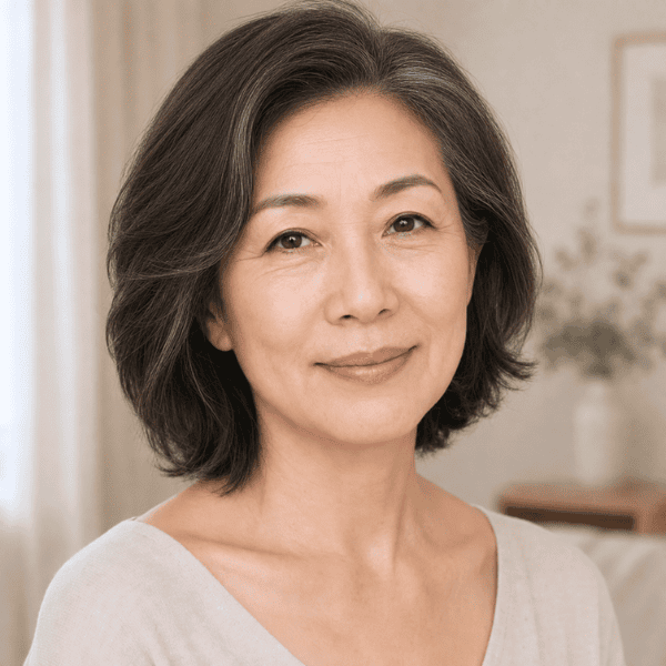Mature Asian woman with dark hair showing moderate lines and gradual changes in facial firmness and support