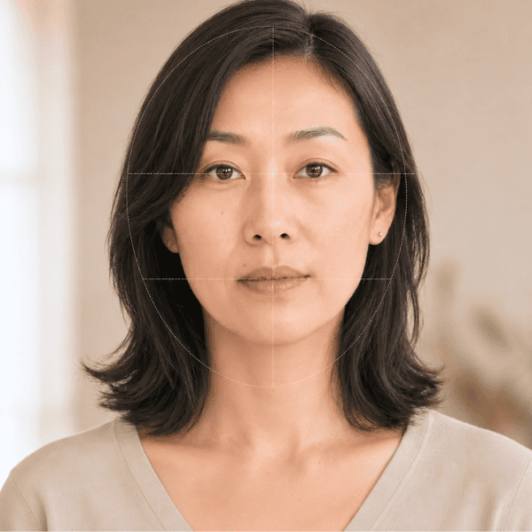 Frontal view of an Asian woman with subtle differences in eye, cheek and jawline height