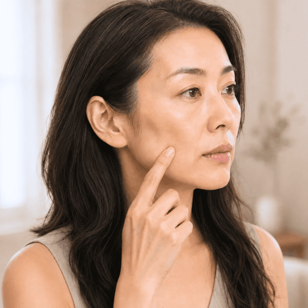 Asian woman with long hair showing visible temple, under-eye and mid-cheek hollowing