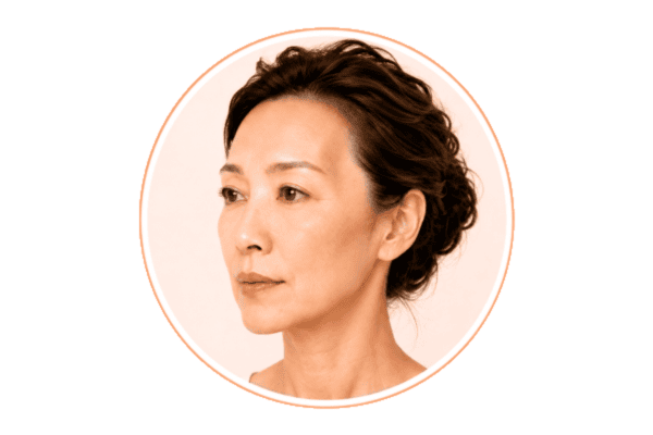 Circular portrait icon showing hollow temples caused by facial volume loss associated with Ozempic face.