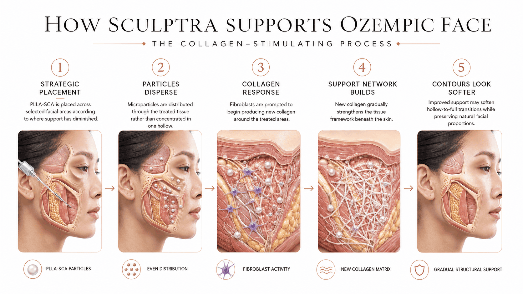 Infographic showing how Sculptra stimulates collagen to support facial contours affected by Ozempic face