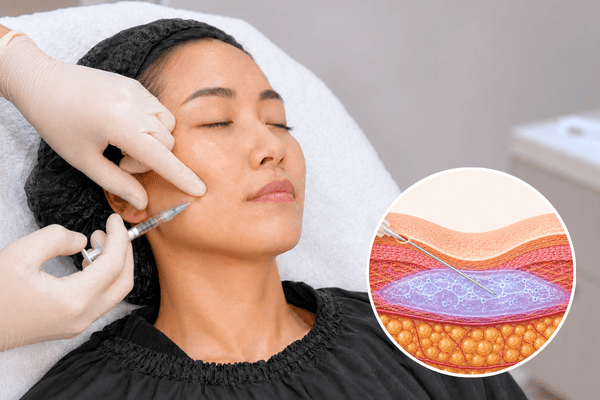Hyaluronic acid filler treatment for Ozempic face with a circular illustration showing volume restoration beneath the skin.