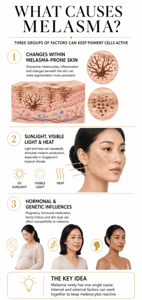 Infographic explaining how skin changes, sunlight, heat, hormonal and genetic factors contribute to melasma.