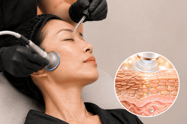 LDM Ultrasound serum infusion with an illustration of skin barrier restoration for melasma treatment